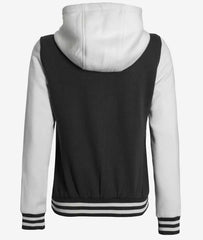 Women's Black and White Hooded Varsity Jacket with Letterman Design