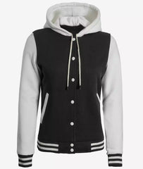 Women's Black and White Hooded Varsity Jacket with Letterman Design