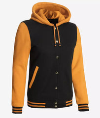 Women's Black & Yellow Hooded Letterman Jacket - Varsity Bomber Style