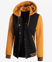 Women's Black & Yellow Hooded Letterman Jacket - Varsity Bomber Style