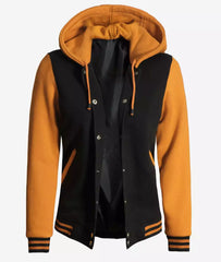 Women's Black & Yellow Hooded Letterman Jacket - Varsity Bomber Style
