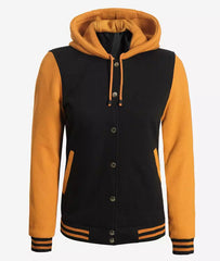 Women's Black & Yellow Hooded Letterman Jacket - Varsity Bomber Style