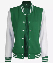 Women's Green & White Baseball-Style Letterman Bomber Jacket