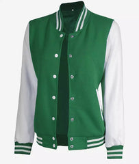 Women's Green & White Baseball-Style Letterman Bomber Jacket