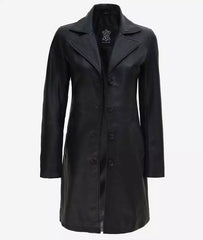Women's Tall Black Leather Coat with Wide Collar - 3/4 Length
