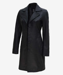 Women's Tall Black Leather Coat with Wide Collar - 3/4 Length