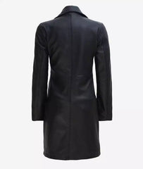 Women's Tall Black Leather Coat with Wide Collar - 3/4 Length