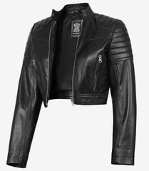 Women's Black Cropped Real Leather Jacket in Biker Style