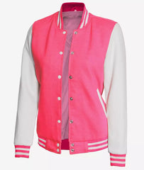 Women's Pink & White Varsity Baseball-Style Bomber Jacket