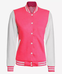 Women's Pink & White Varsity Baseball-Style Bomber Jacket