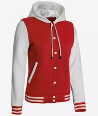 Women's Red and White Hooded Varsity Jacket - Highschool Baseball Design