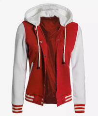 Women's Red and White Hooded Varsity Jacket - Highschool Baseball Design