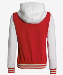 Women's Red and White Hooded Varsity Jacket - Highschool Baseball Design