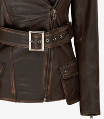 Women's Distressed Brown Long Leather Biker Jacket