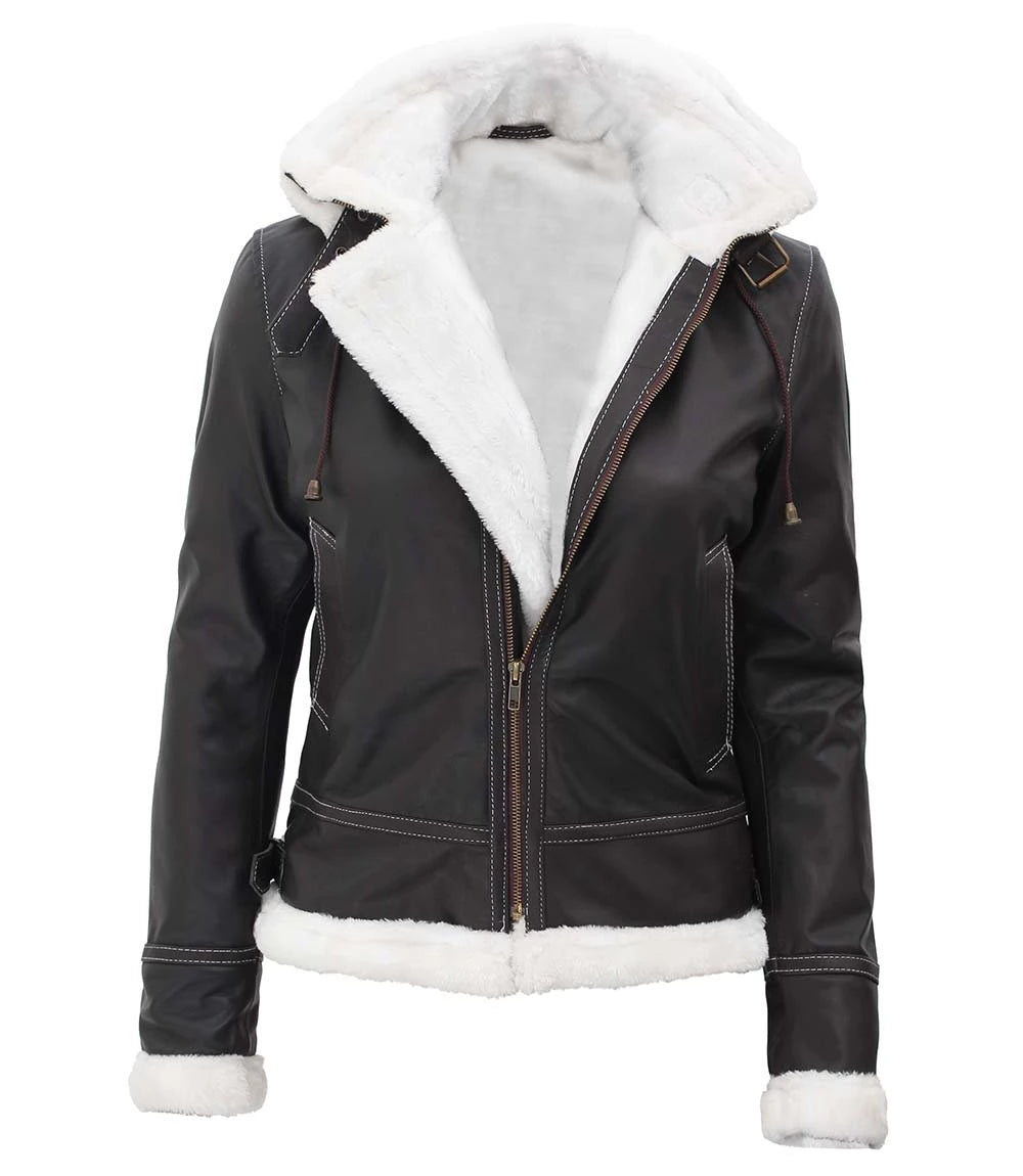 Noir Drift Women's Removable-Hood Shearling Leather Jacket