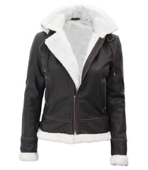 Noir Drift Women's Removable-Hood Shearling Leather Jacket