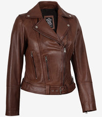 Women's Cognac Leather Jacket - Asymmetrical Biker Style with Belted Waist