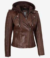 Women's Cognac Leather Biker Jacket with Detachable Hood