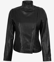 Women's Black Real Leather Jacket with Asymmetrical Zipper