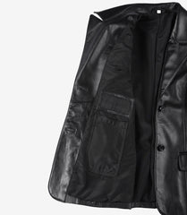 Women's Black Leather Blazer with Two Buttons