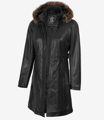 Women's Premium Black Leather Coat with Removable Fur Hood
