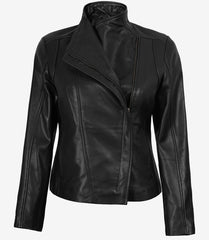 Women's Black Real Leather Jacket with Asymmetrical Zipper