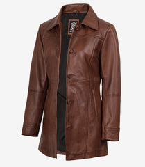 Women's Cognac Real Leather Coat in 3/4 Length with Button-Down Front