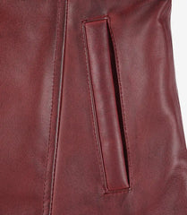 Women's Burgundy Leather Car Coat with Button-Down Closure