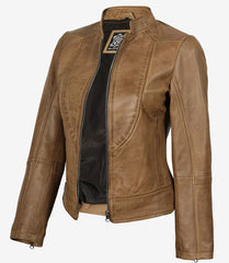 Amy Women's Camel Brown Leather Jacket Biker Style