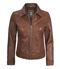 Women's Cognac Leather Harrington Jacket with a Shirt-Style Collar