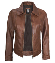 Women's Cognac Leather Harrington Jacket with a Shirt-Style Collar