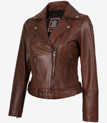 Women's Cognac Leather Jacket - Asymmetrical Biker Style with Belted Waist