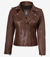 Women's Cognac Leather Biker Jacket with Detachable Hood