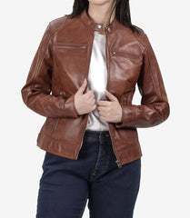 Women's Cognac Waxed Real Leather Jacket in Biker Style