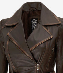 Women's Distressed Brown Long Leather Biker Jacket