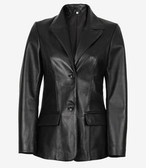 Women's Black Leather Blazer with Two Buttons