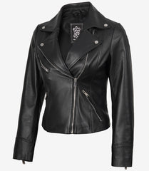 Rita Women's Black Leather Jacket Asymmetrical Biker Style