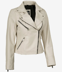 Women's Off White Lambskin Leather Jacket Biker Style