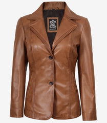 Women's Tan Leather Blazer with Two Buttons and Notch Lapel