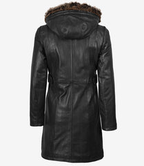 Women's Premium Black Leather Coat with Removable Fur Hood