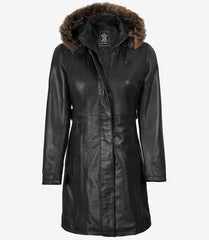Women's Premium Black Leather Coat with Removable Fur Hood
