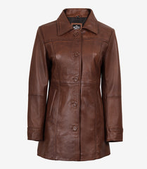 Women's Cognac Real Leather Coat in 3/4 Length with Button-Down Front