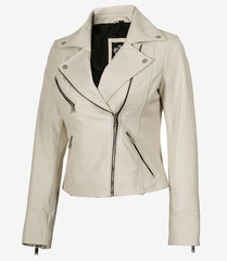 Women's Off White Lambskin Leather Jacket Biker Style