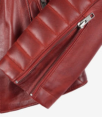 Women's Red Leather Jacket with Asymmetrical Padded Biker Design