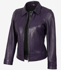 Women's Purple Leather Jacket Designed with a Shirt-Style Collar
