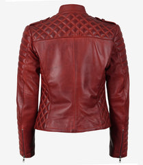 Women's Red Leather Jacket with Asymmetrical Padded Biker Design