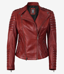 Women's Red Leather Jacket with Asymmetrical Padded Biker Design