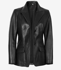 Women's Black Leather Blazer with Two Buttons