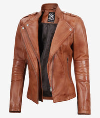 Women's Tan Leather Jacket with Asymmetrical Biker Style