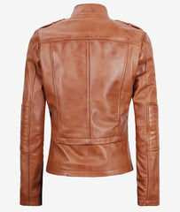 Women's Tan Leather Jacket with Asymmetrical Biker Style
